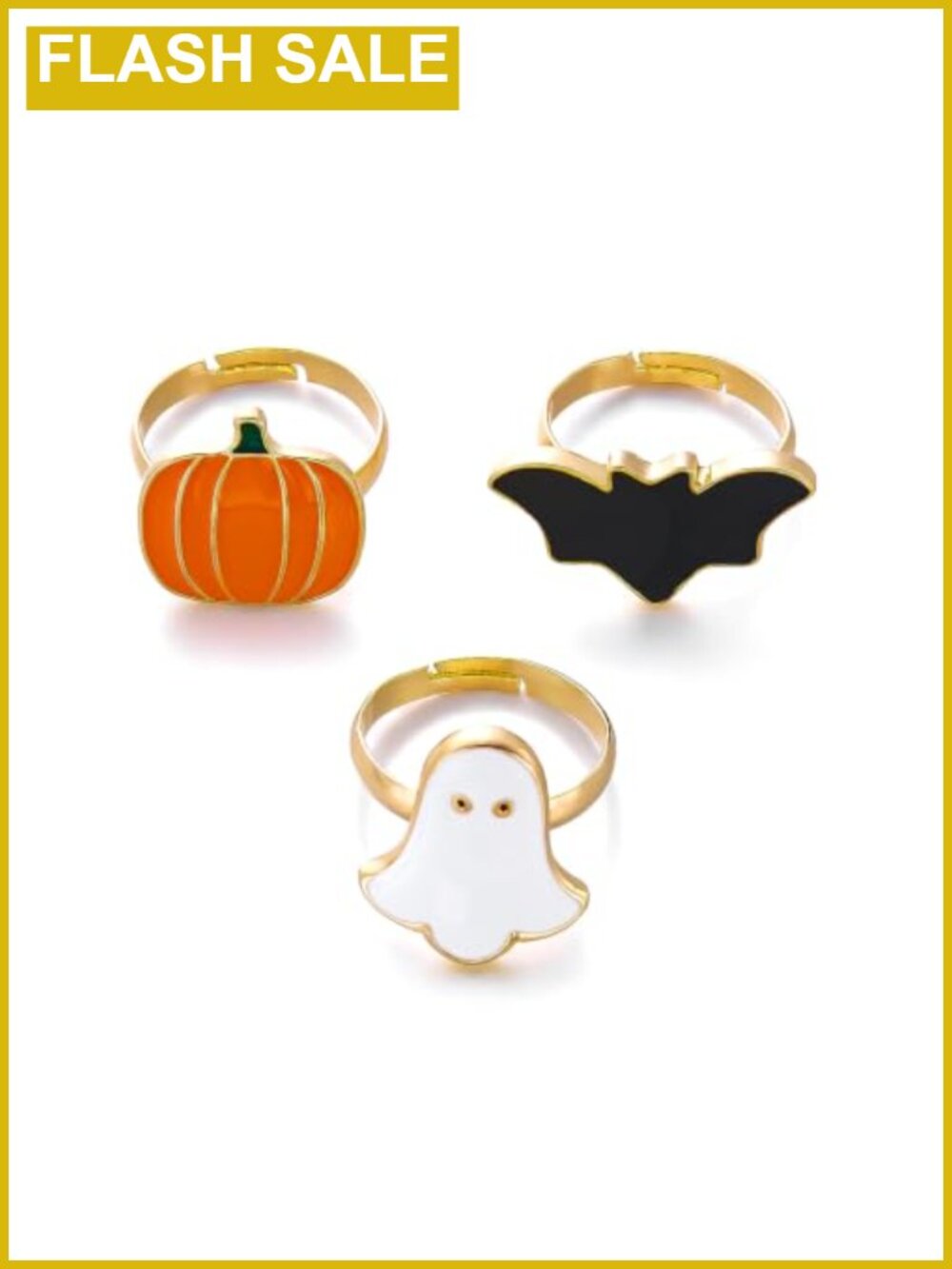 3Pc Halloween Rings Set Pumpkin Ghost Bat Enamel Open Ring Adjustable Stacking